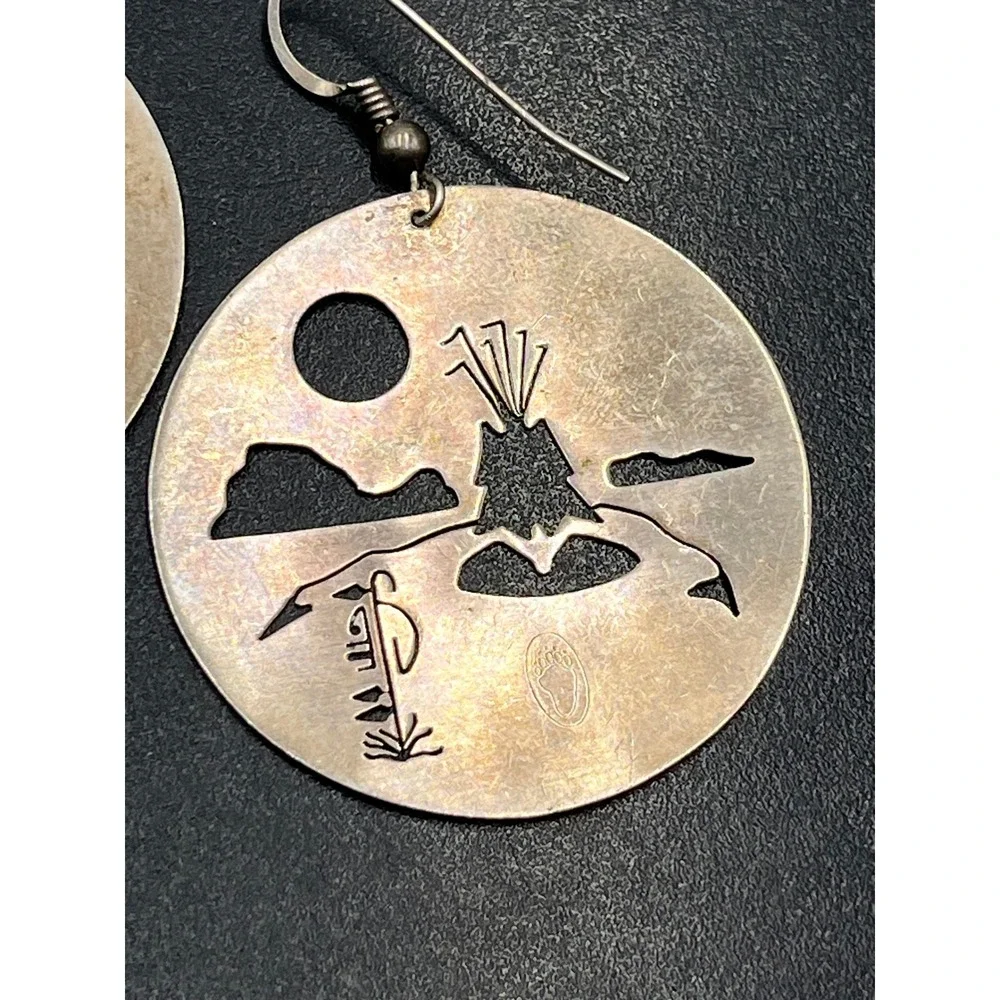 Vintage Sterling Southwestern Disc Earrings Horse Rider Mountain Bear Paw Hopi ?